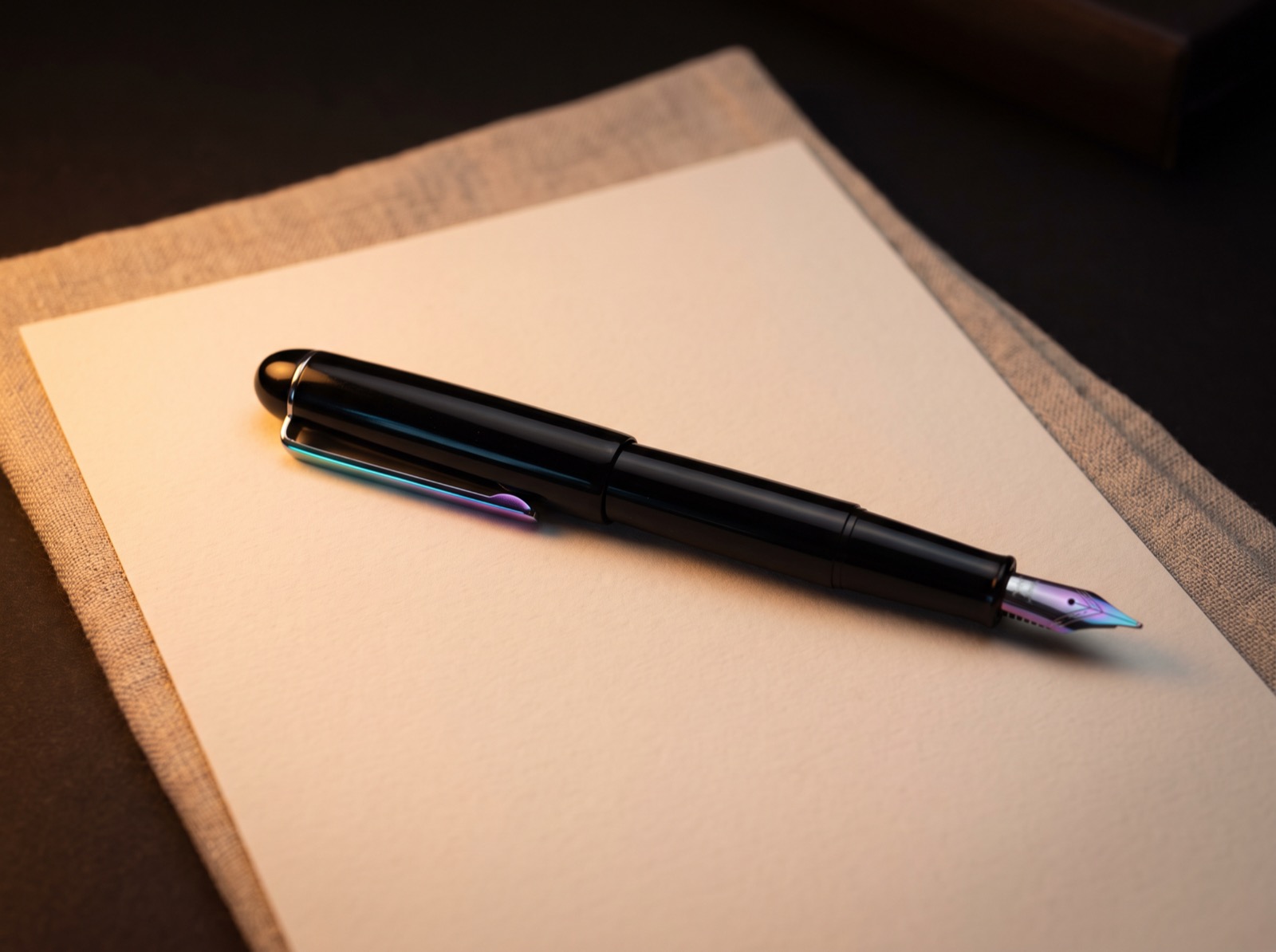 Fountain pen on a blank sheet of paper seen from above, with warm light and a cyan and violet reflection on the metal