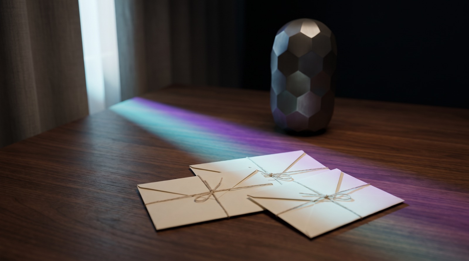 Three blank envelopes of different sizes on a walnut desk, with the Inheritans capsule in the background and a beam of cyan and violet light