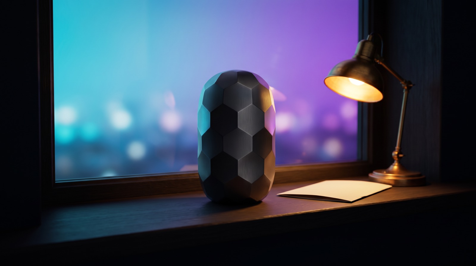 The Inheritans titanium capsule on a window sill at night, next to a folded sheet of paper and a brass lamp, with a cyan and violet glow behind the glass