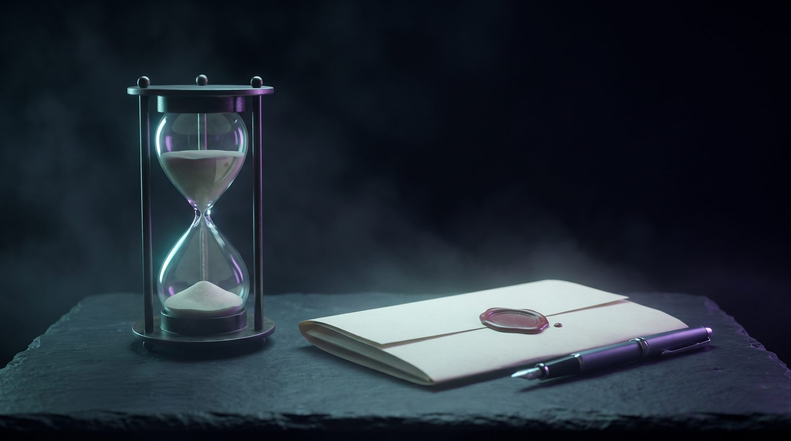 Hourglass beside a folded document with a wax seal and a fountain pen, lit with cyan and violet rim light