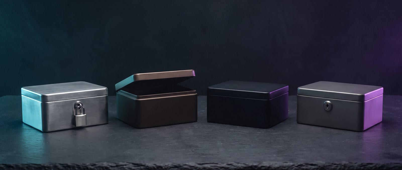 Four different metal boxes lined up on dark slate, one locked and one open, lit with cyan and violet rim light