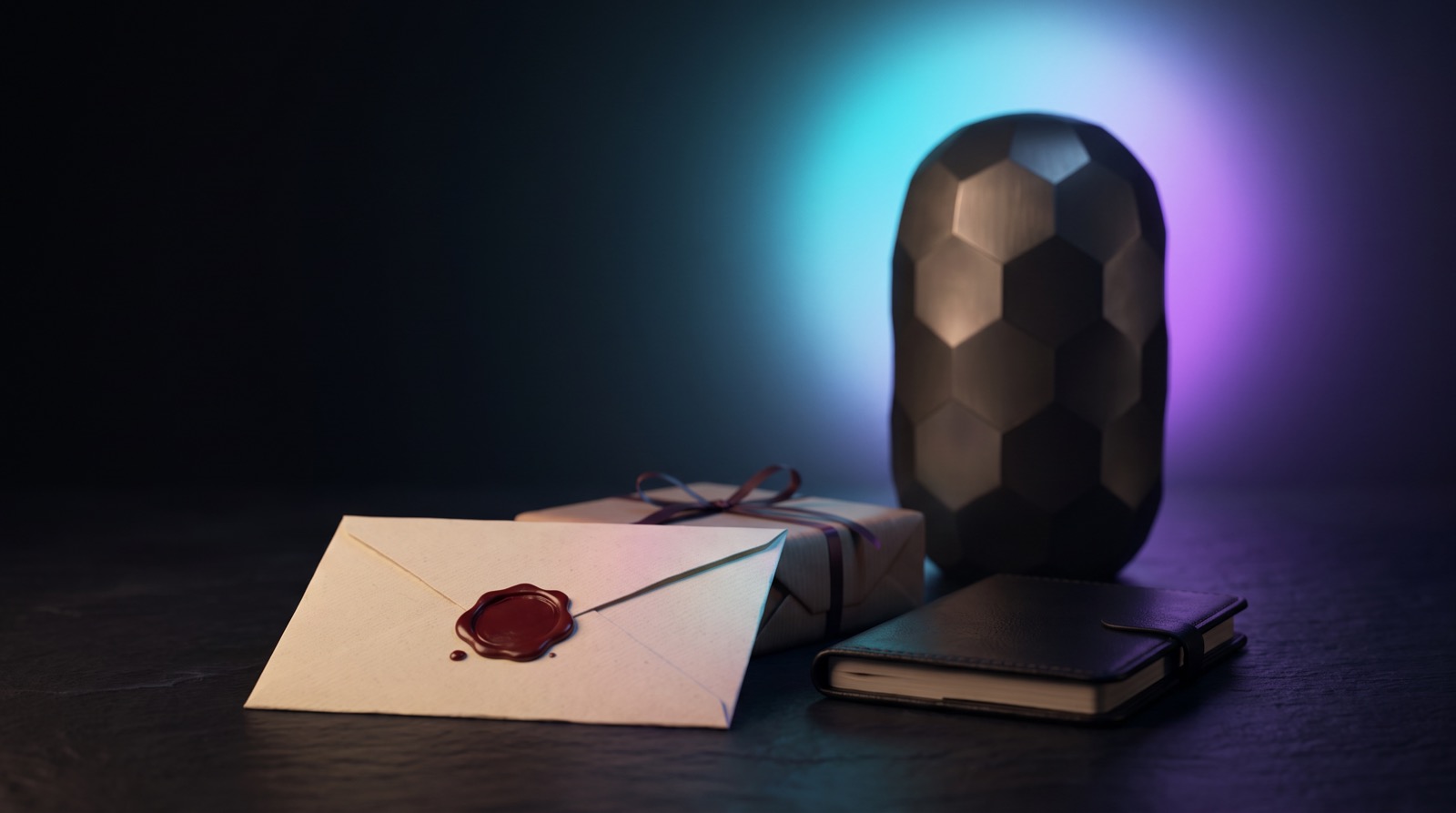 A sealed envelope, a small wrapped gift and a notebook, with the Inheritans capsule in the background